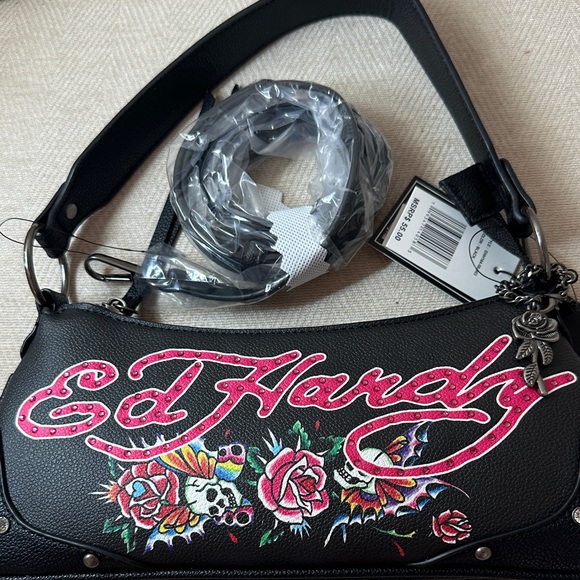 Ed Hardy Y2K Black Crossbody Bag Pink Logo Embroidered Skull Floral - Picture 8 of 9